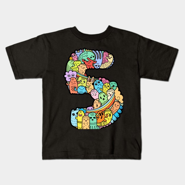 Number 5 five - Funny and Colorful Cute Monster Creatures Kids T-Shirt by funwithletters